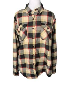 DIXXON x Snap-On Tools Womens Large Button-Down Plaid Shirt in Cream, Black Red